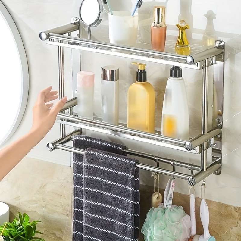 

1pc 24inch Thickened Double Layer Stainless Steel Towel Rack With Hook, Wall Mounted Bathroom Storage Shelf, Moisture Resistant Surface, No Drilling Hole Required, With Removable Hook