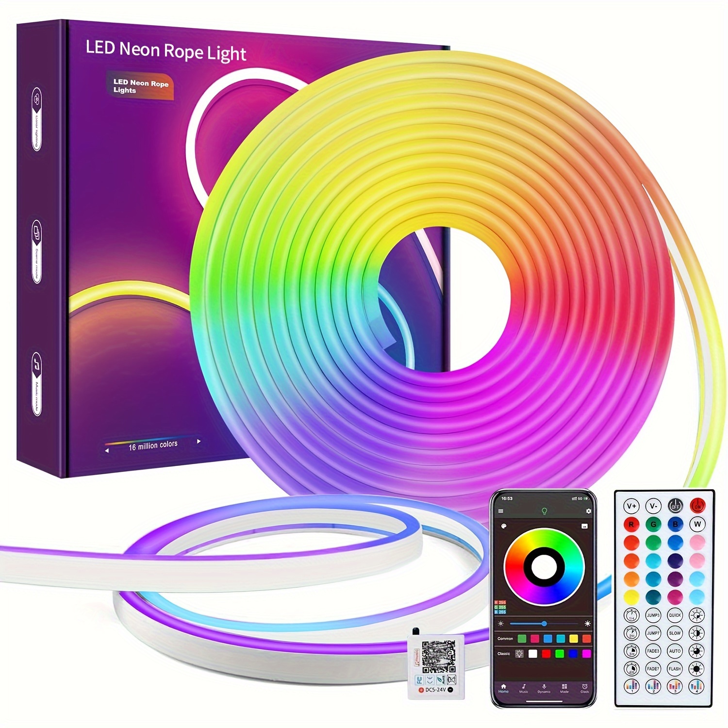 

16.4ft 5m Rgb Neon Led Strip Lights, Music Flexible Neon Rope Lights Color Changing, Control With App And 44 Key Remote Multiple Ip67 Waterproof Neon Lights For Indoor Home Decor