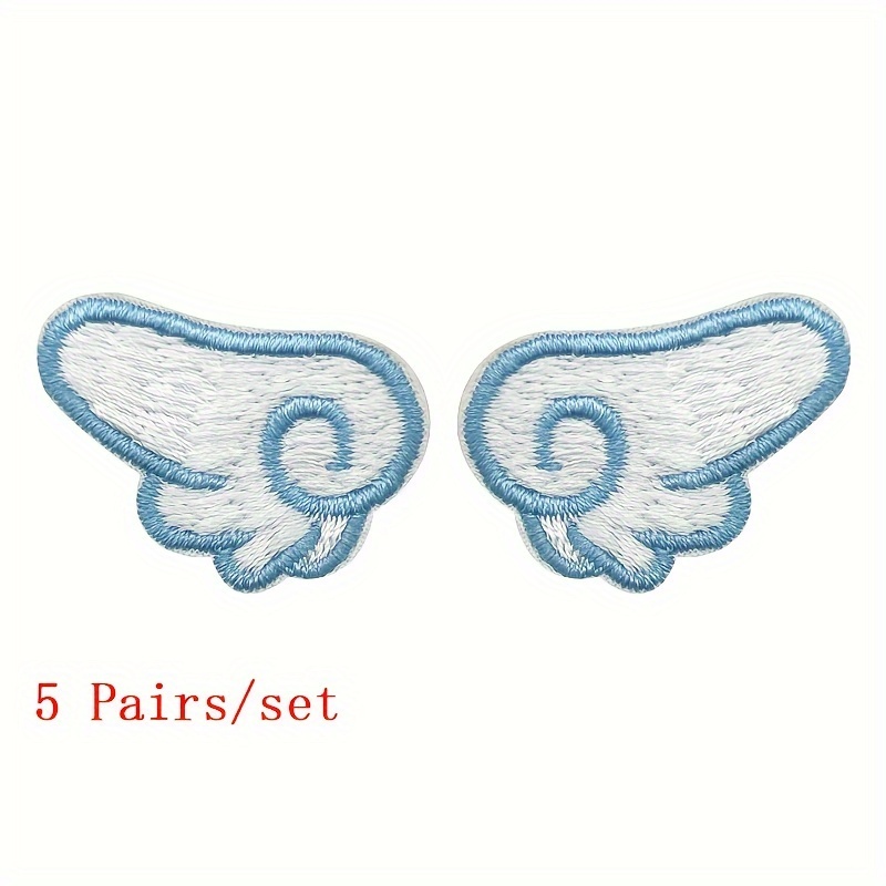 5 Pairs Mini Angel Wings Embroidered Patches Iron-On/Self-Adhesive Appliqué for DIY Crafts, Bags Decoration, Notebook Embellishments - Golden & Sky Blue Trim Embroidery Wing Set