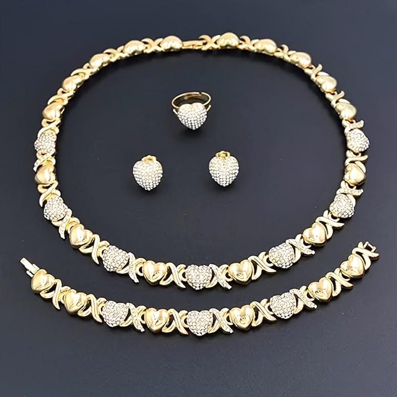 TEMU 4pcs Jewelry Set Women Jewelry Necklace Set 18k Golden Plated Bride Bridesmaid Fashion Wedding Jewelry Necklace Earrings Bracelet Ring Gift