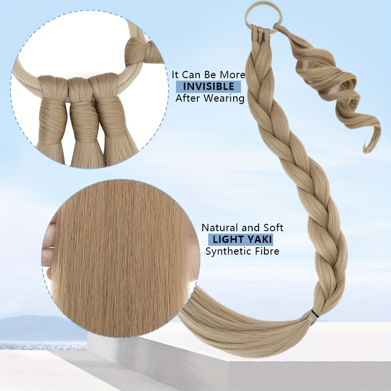 a 34 inch long braided ponytail hair extension with elastic band for a straight and smooth wrapped ponytail diy hairstyle details 5