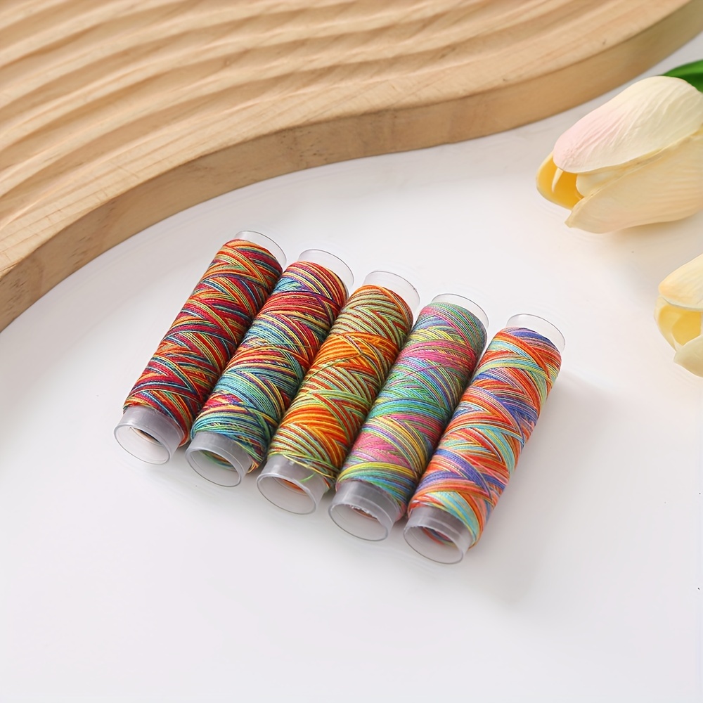 5pcs Mixed Color Bagged Polyester 40s/2 Sewing Machine Thread Spools, 75 Yards Variegated Rainbow Colored Knitting Embroidery Thread