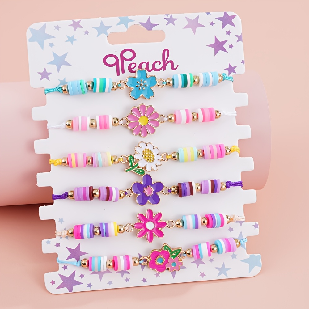Image of 6pcs Colorful Flower Beaded Bracelets Adjustable Drawstring Cute Friendship Bracelets For Girls Kids Fashion Jewelry Birthday Gift For Daughter Granddaughter Niece