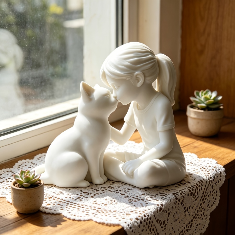 TEMU 1pc Creative 3d Printed Girl And Cat Sculpture, Desktop Ornament, Quiet Moment, With Cats, Kiss, Protecting Gentleness, Modern Minimalist Art