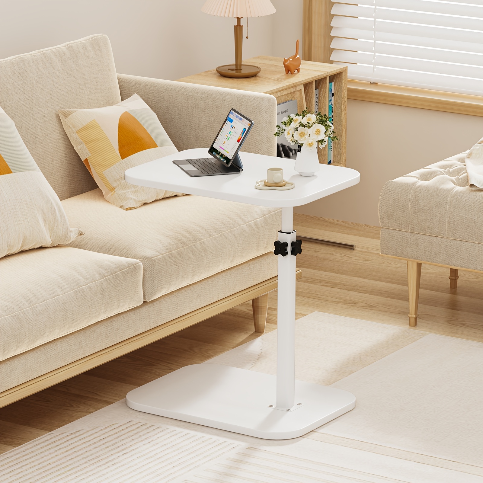 TEMU Manual Height Adjustable Bedside Table - Heavy-duty Non-wood Sofa & Bed Side Table With Multi-level Tray, Convertible Laptop/snack Stand,