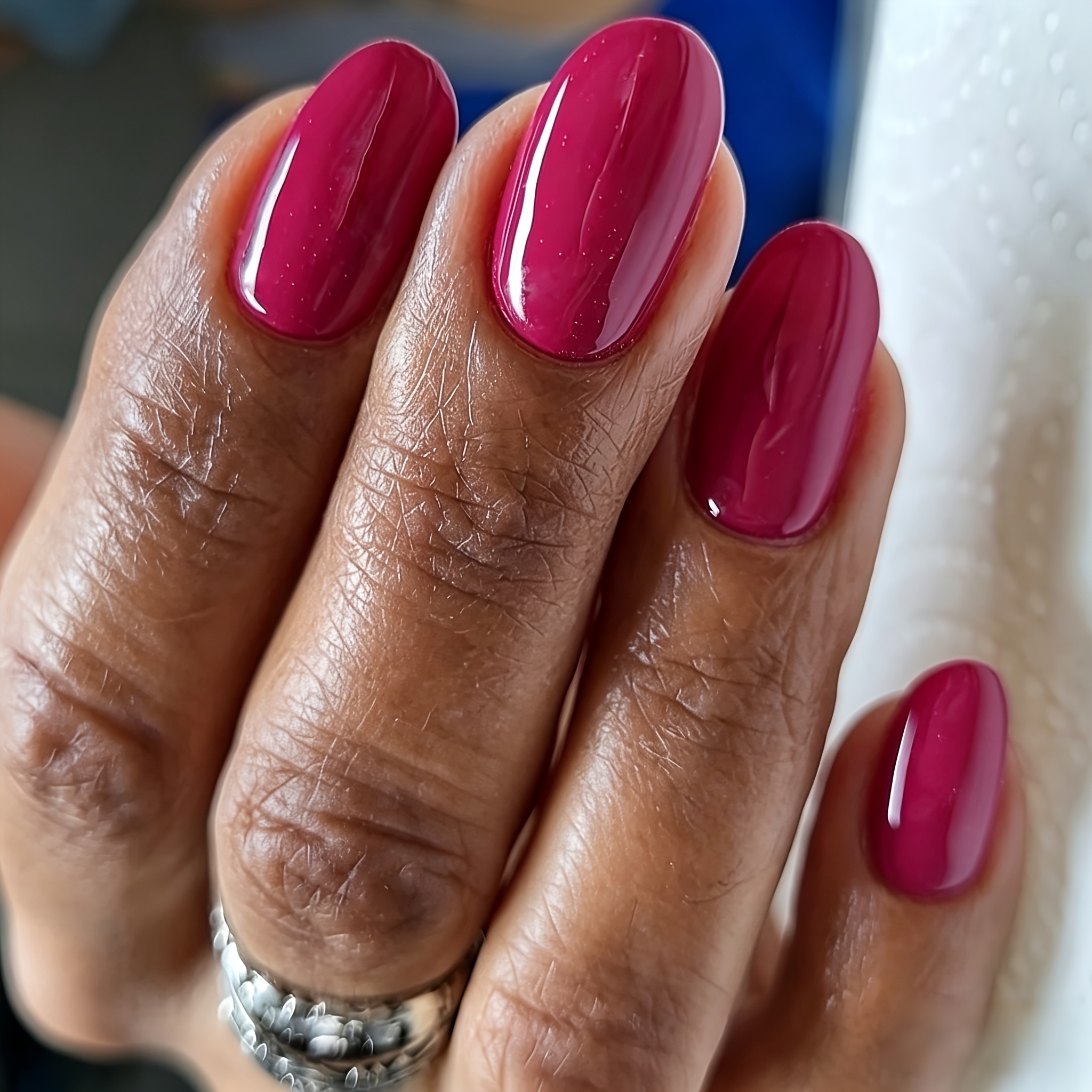Image of 24pcs Vibrant Pink Oval Nail Tips, Glossy Reusable Press-on Nails, Daily Versatile Style Full Coverage Fake Nails