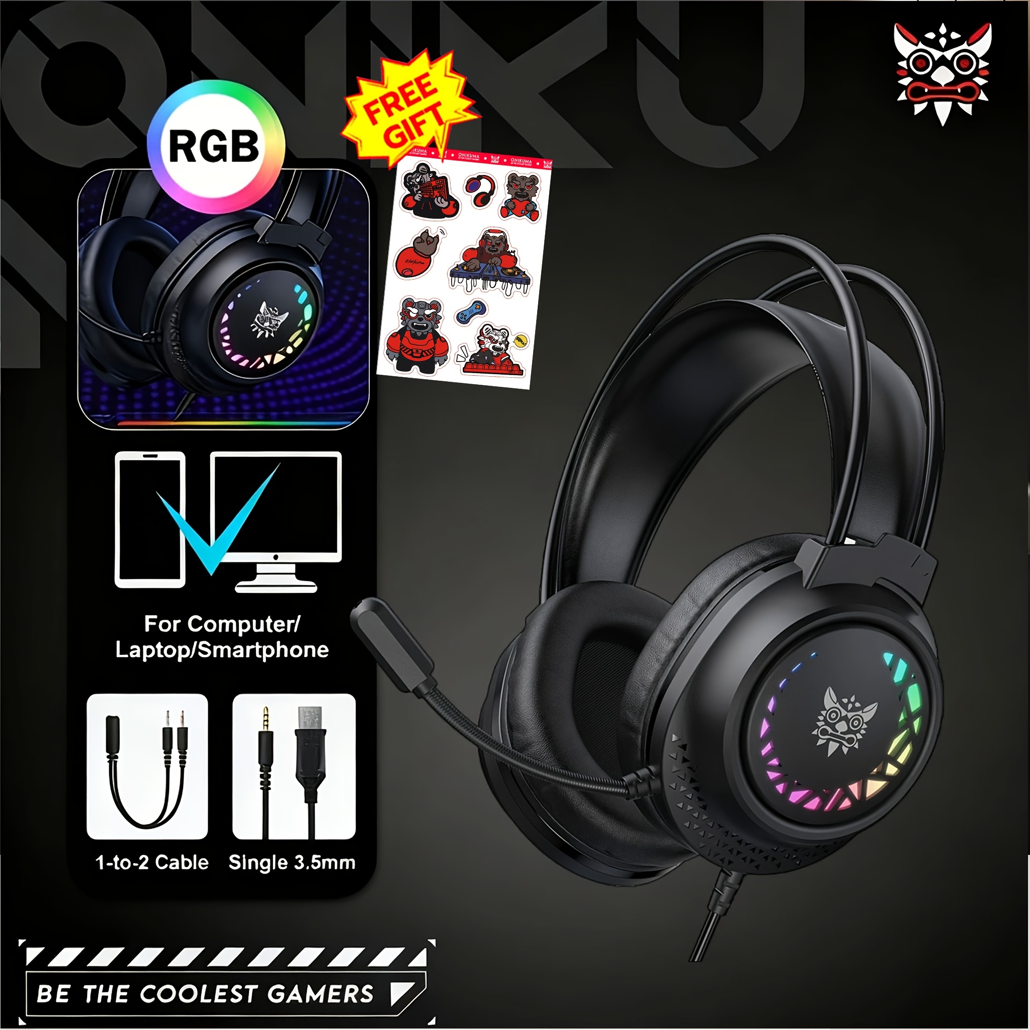 Onikuma K8 Headset Compatible For Pc/ps4, Wired With Rgb Lighting, Cancelling Mic & Large Closed-back Ear Cups, Volume , Lightweight Design Suitable For Computer, Ps4 Controller, Gaming Pc