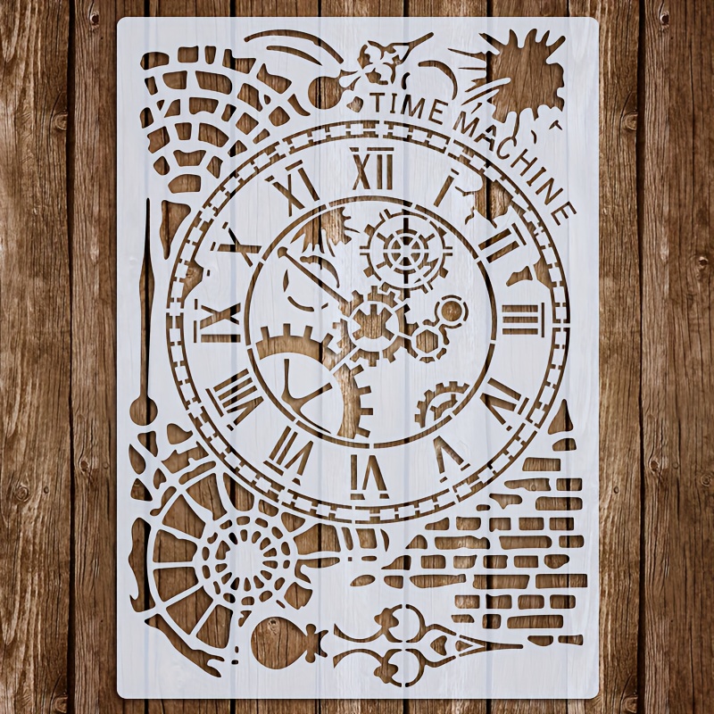 Image of 1pc Clock Art Stencil, A4 Reusable Painting Template With Roman And Gear Design For Diy Crafts On Fabric, Canvas, Furniture, And Home Decor