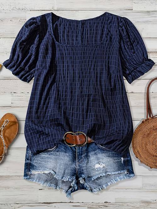 plus size plus size womens summer short sleeve square neck solid color blouse