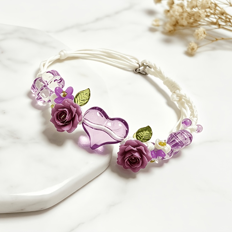 TEMU 1pc Cute Purple Transparent Heart-shaped Pattern Handmade Bangle, Adjustable Woven Rope Style Bracelet, With Rose And Leaf-shaped Beads. This
