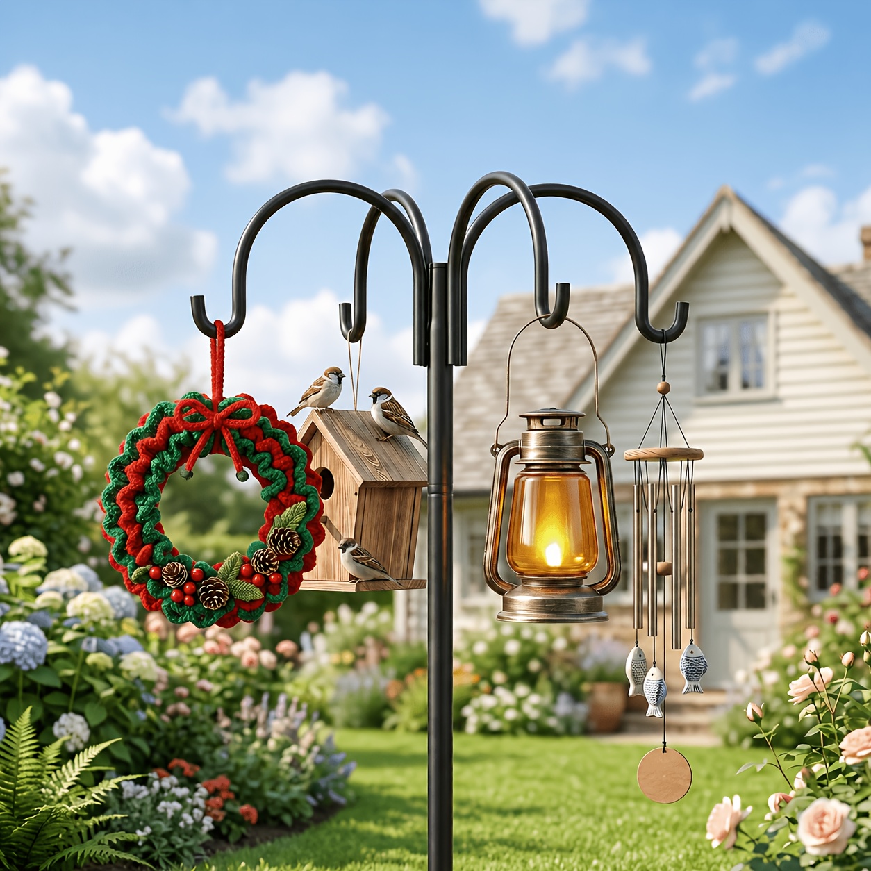 TEMU 4-hook Heavy Duty Adjustable Height Shepherd Pole - 88-inch Outdoor Hanging String Pole With 5-prong Base & Ground Spike Installation, Suitable