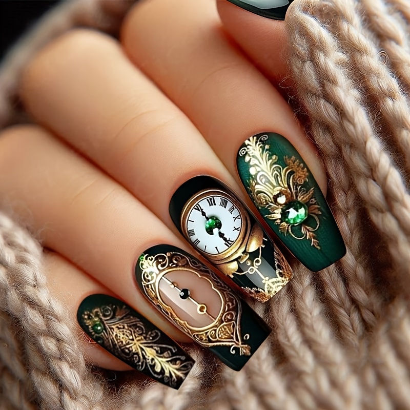 

24pcs Vintage Clock Pattern Press-on Nails Set, Green , Medium Length, With Leaf Design, Includes Jelly Glue & Nail File For Women And Girls, And Parties