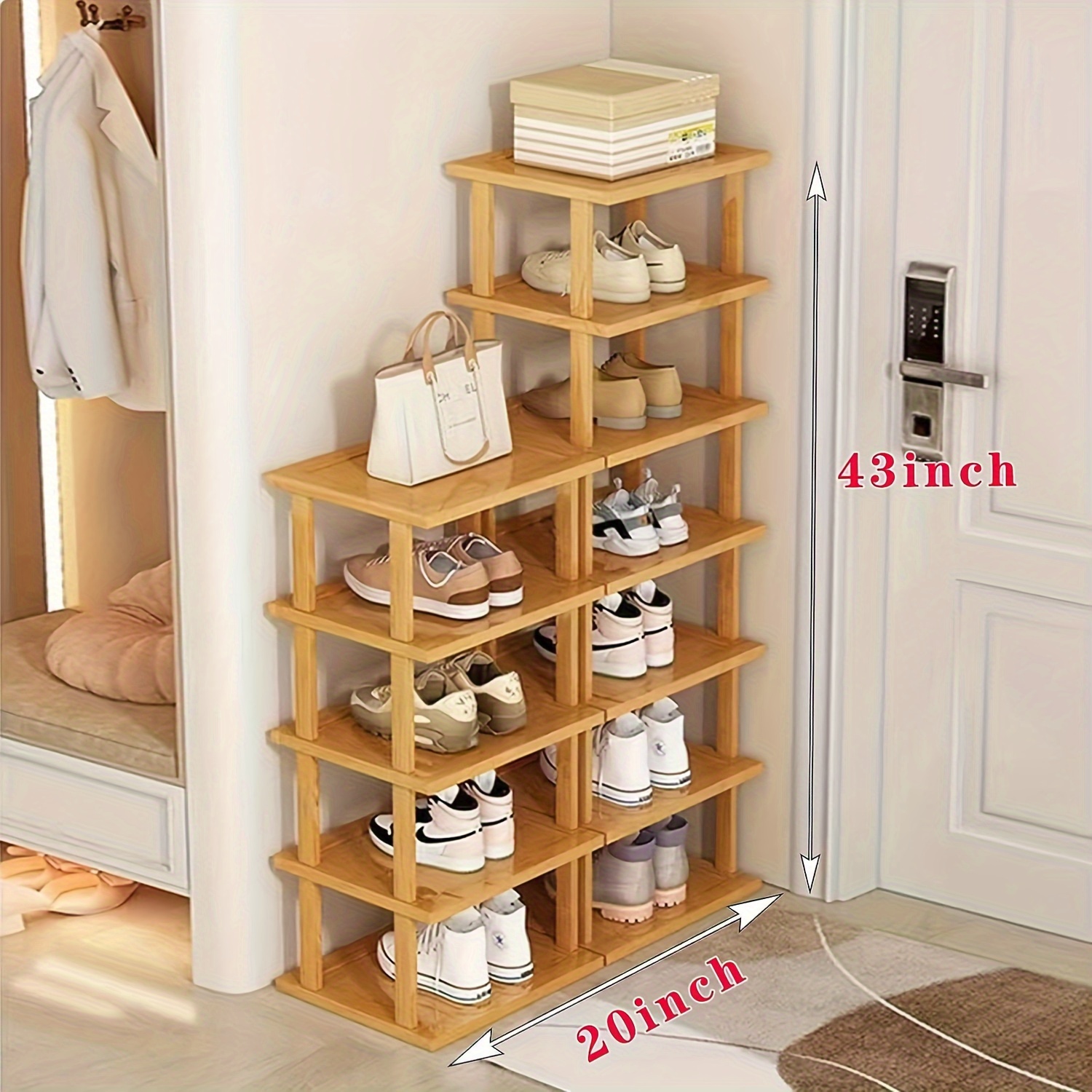 TEMU Vertical Shoe Rack - Tall Narrow Shoe Rack Organizer For Small Spaces, Bamboo Shelf For Entryway, Closet, Corner, Doorway, Skinny Shoe Saving Shoe Storage, Free Stackable Diy