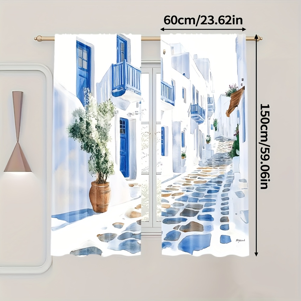TEMU 2 pièces, Rideau de Fenêtre Grec Aquarelle Polyester ( tringle, mouvement, pile) Décoration pour Maison, Salon, Chambre, Cuisine, Salle à Manger