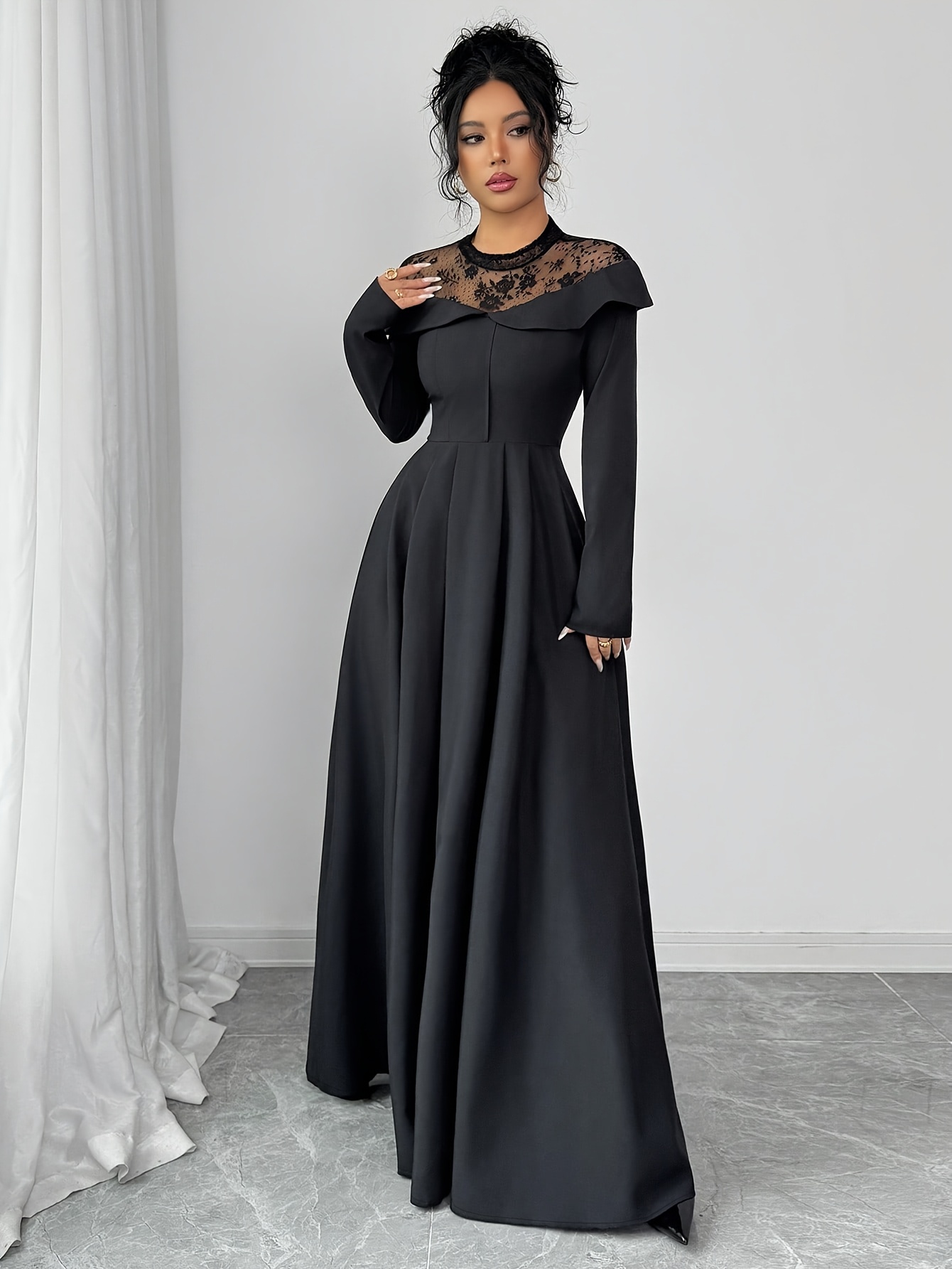 s elegant white a line maxi dress with mesh panel lace like sheer back long sleeve length wedding guest gown round neck formal evening dress machine washable no stretch Product details 2