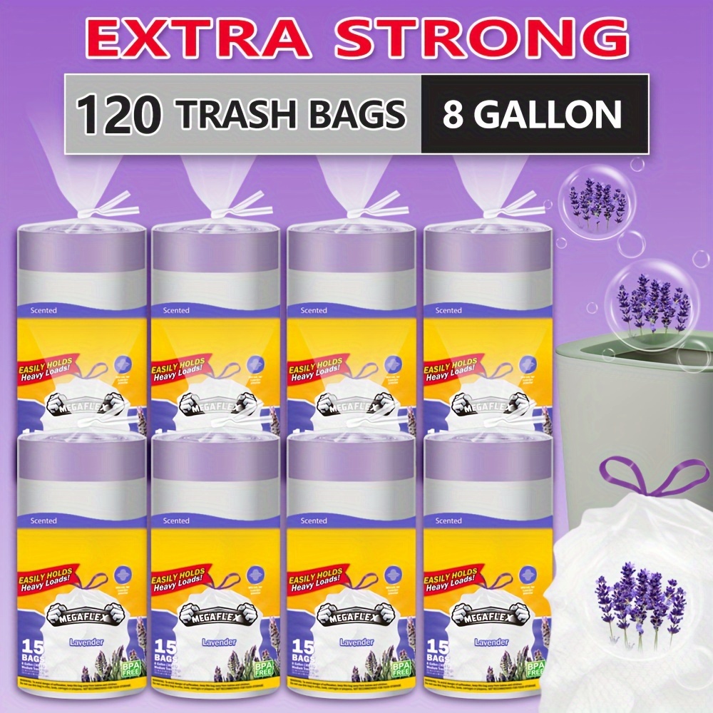 

120pcs Lavender Scented 8-gallon Drawstring Disposable Trash Bags - Leakproof & For Bedroom, Kitchen, Living Room, Outdoor, And Bathroom