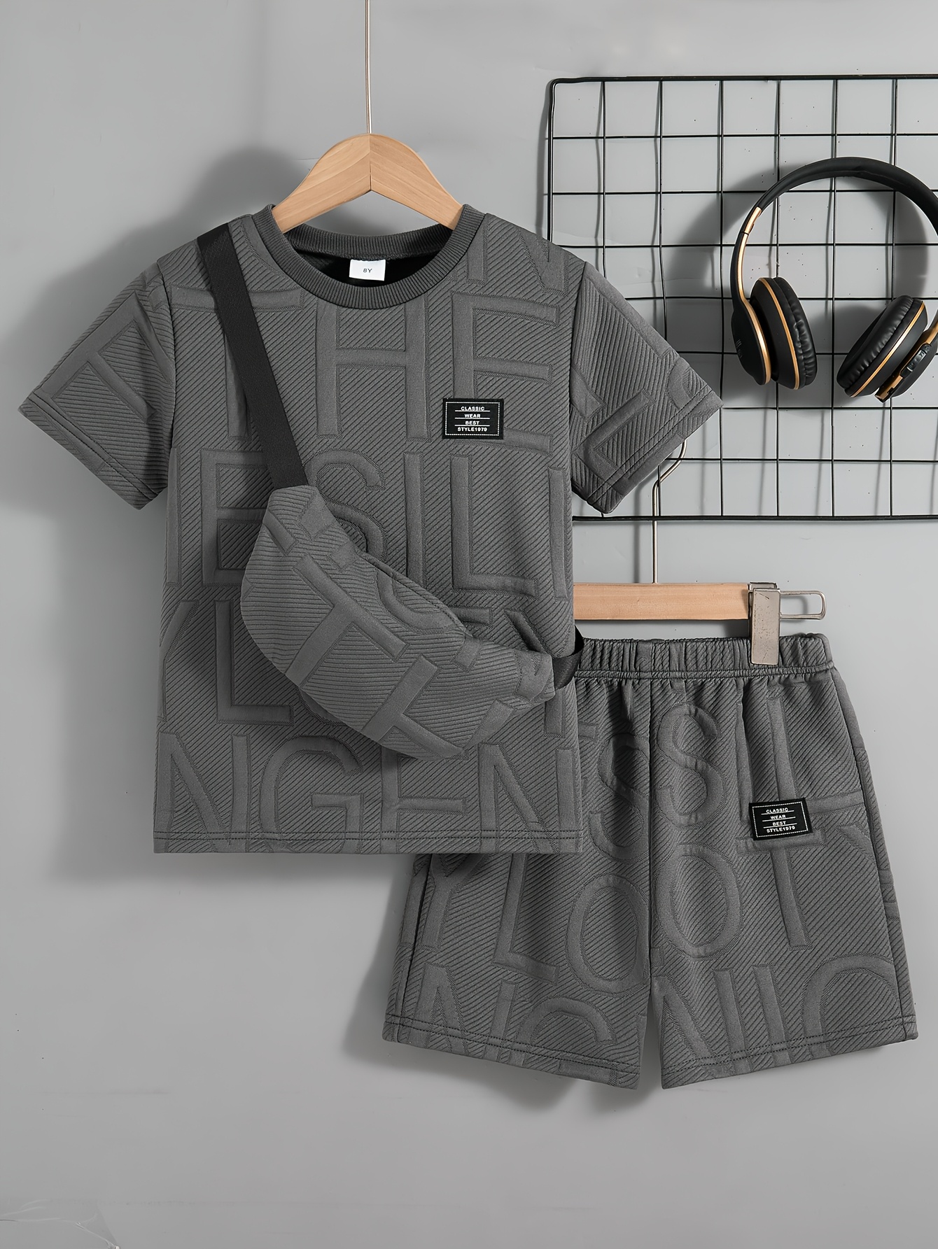 boys casual outing outfit featuring a solid   with a regular fit round neck short sleeve t shirt and shorts set including a hanging bag for summer for outdoor