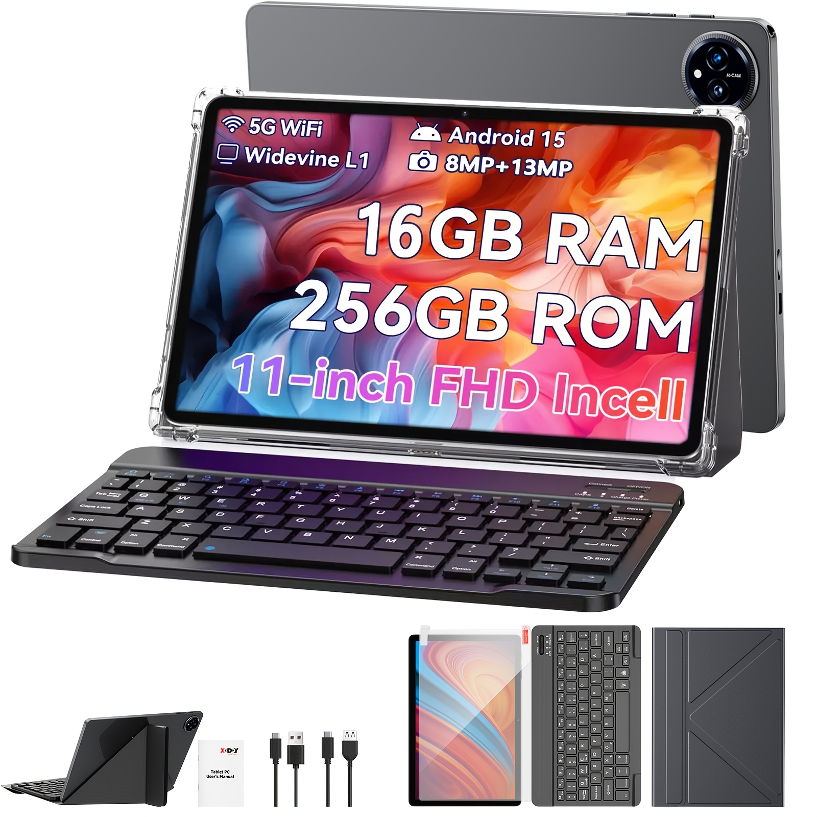 Xgody 2-in-1 Tablet Featuring 15, An 11-inch Hd+ips Screen, 16gb (8+8), And 256gb Storage. It With A Keyboard, Case, And Tablet Film, Tablet, Pad