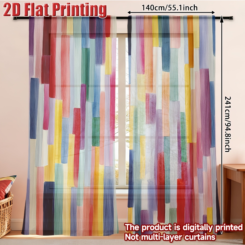 TEMU 2d Flat - 2d Flat - 2d Flat Gauze Curtain, 2pcs, Colorful Vertical Stripes Pattern Modern Contemporary Chiffon Semi Sheer Curtain Festive