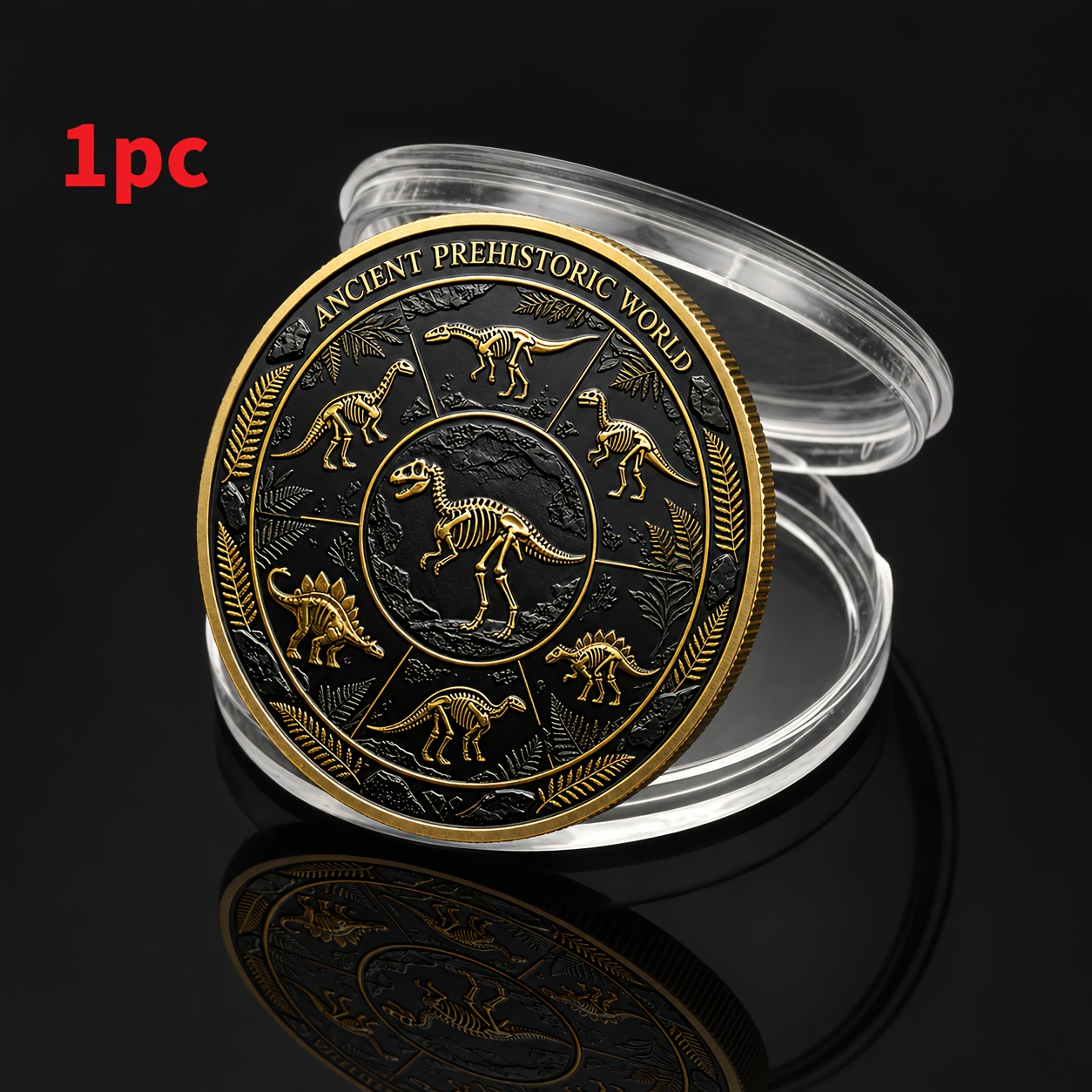 TEMU Médaille dinosaure préhistorique 3D en relief avec étui de protection transparent, jeton d'exploration éducatif et cadeau de curiosité