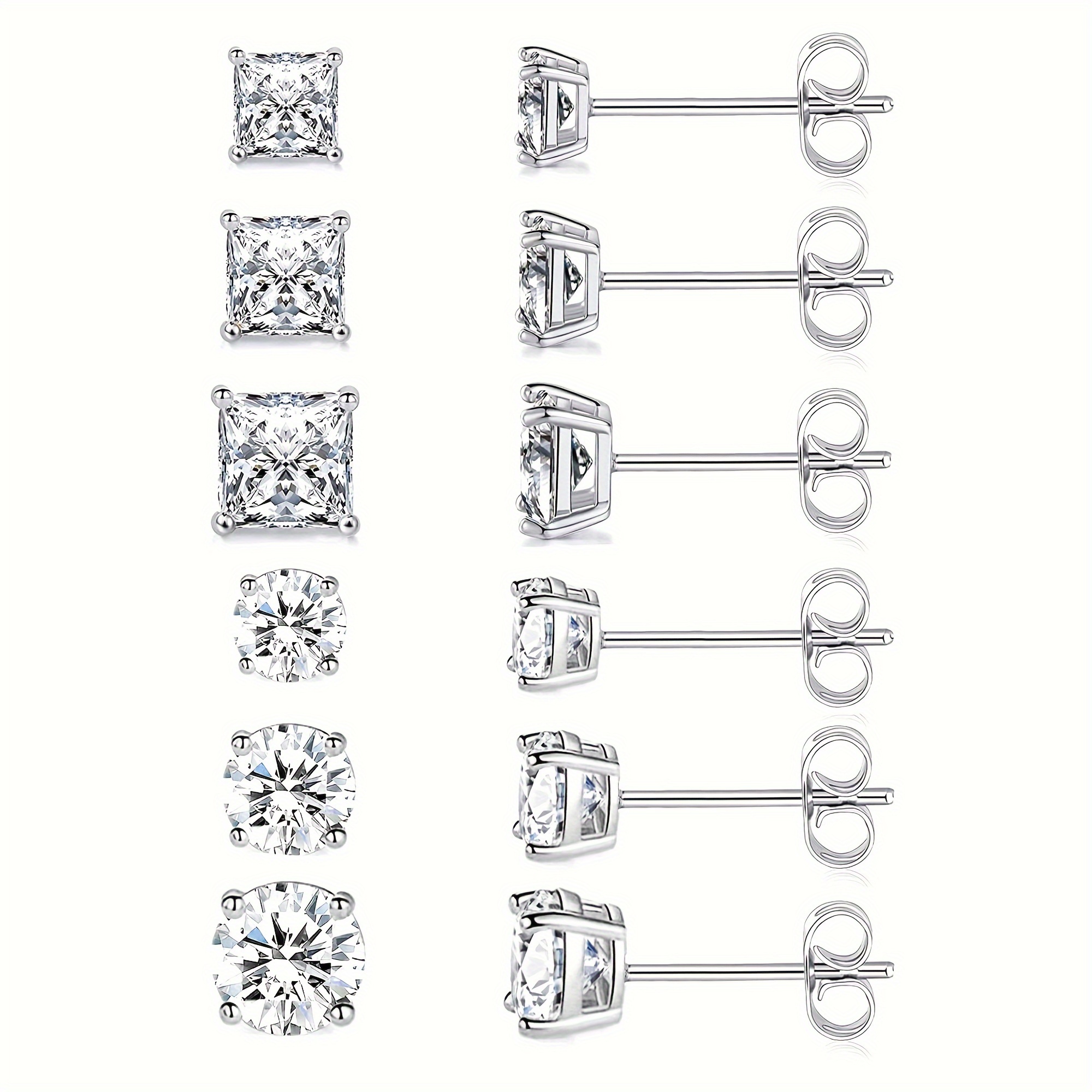 

6pairs Round Square Stud Earrings, Cubic Zirconia Stud Earrings For Men, Daily Ear Jewelry