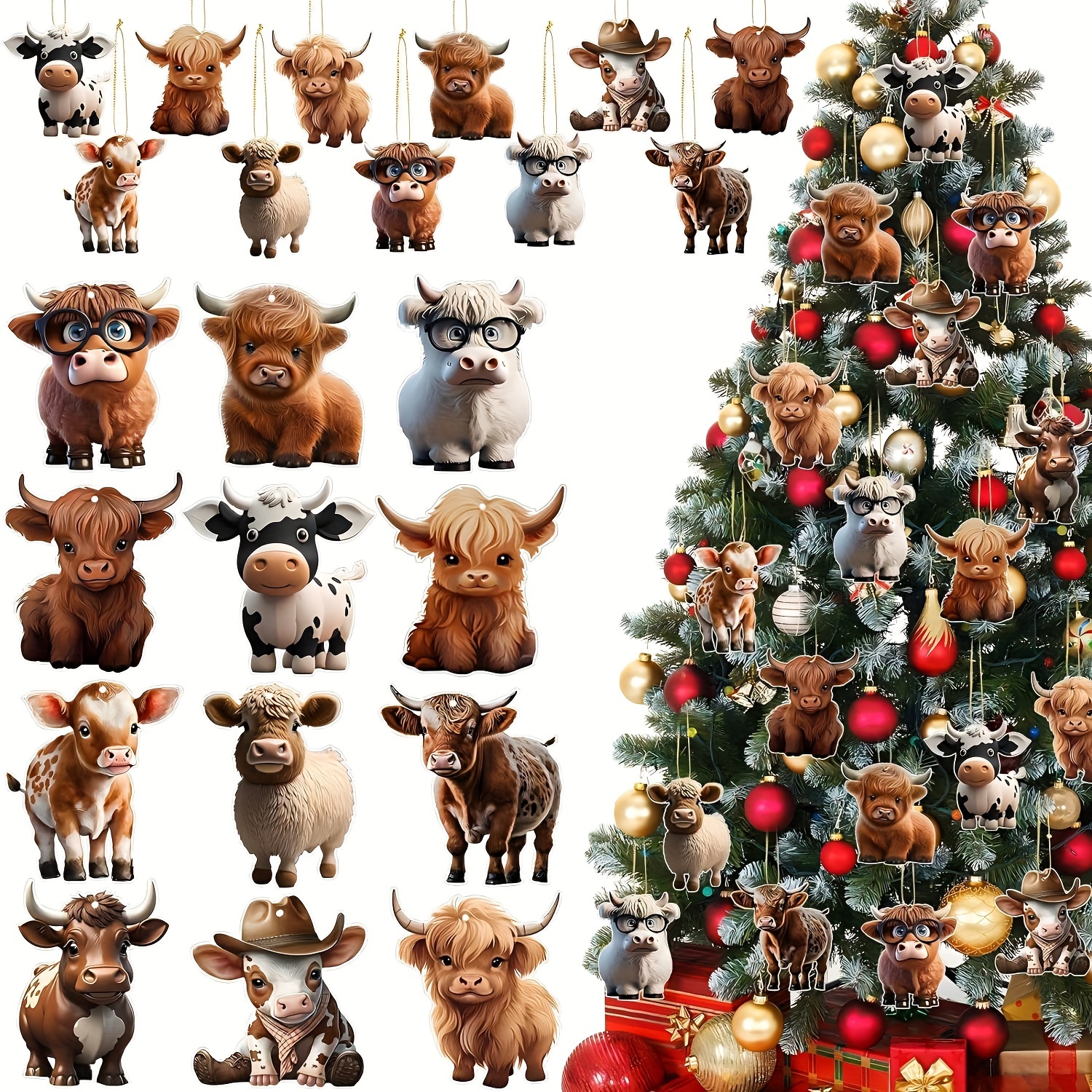 

24pcs, Christmas Tree Ornaments Cow Hanging Ornaments Cow Decoration Pendant Car Pendant, For Decoration , Navidad, Christmas Decorations