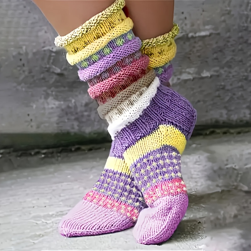 TEMU Women's Retro Striped Thick Warm Socks - Mid-calf Winter Thermal Floor Socks With Stripes, Hand Wash Only, Fall & Winter Footwear, Indoor Warm
