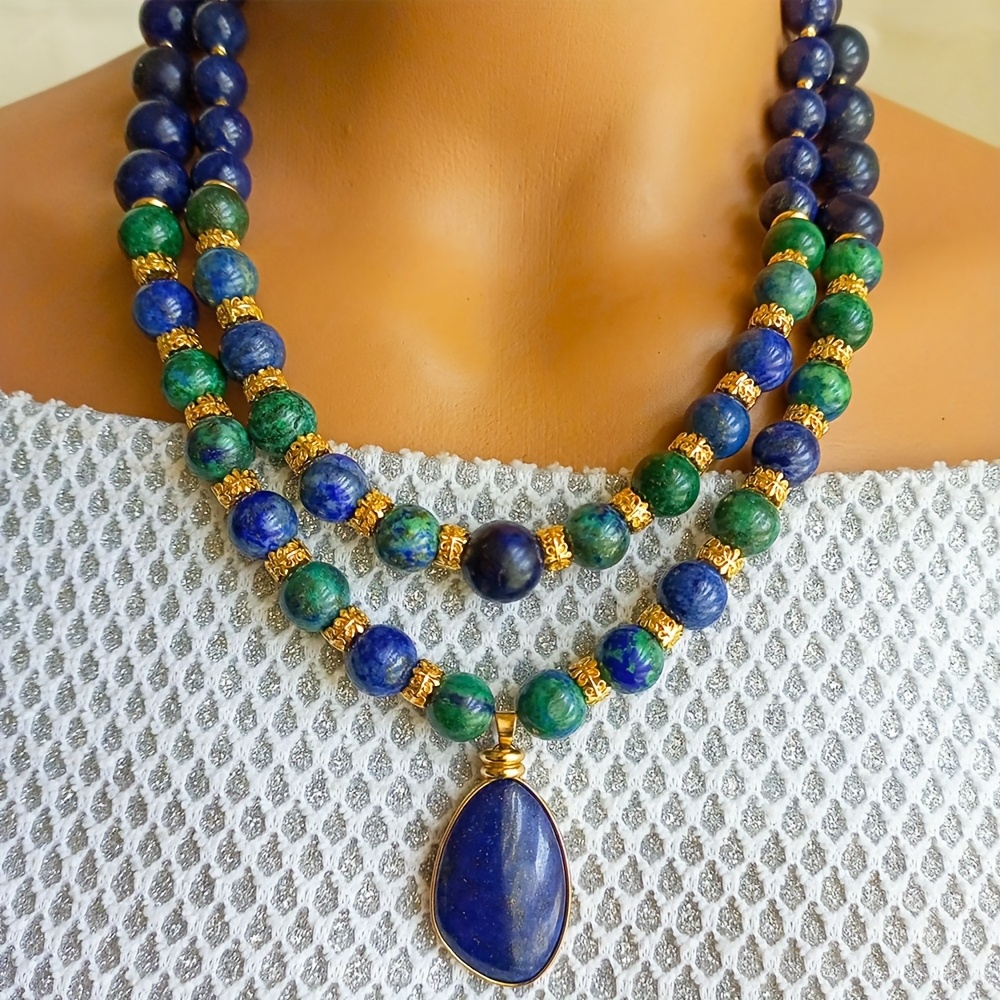 TEMU 2pcs/ Bohemian Style And Necklace Green And Navy Blue Natural Stone Jewelry Women Gift