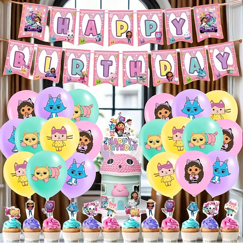 

48 Pcs Pink Cartoon Themed Birthday Party Decoration Set - Includes 15 Happy Birthday Banners, 13 Cake Toppers, And 20 Latex Balloons - Plastic & Paper Room Decor For Kids Celebrations