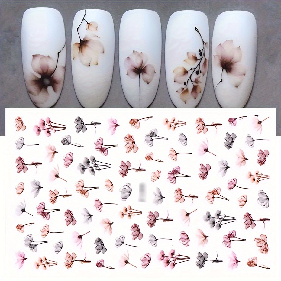 2 Sheets Gradient Bloom Flower & Leaf Nail Art Stickers - Self-adhesive, , Intricate Floral Designs For Easy Diy Manicure Decoration