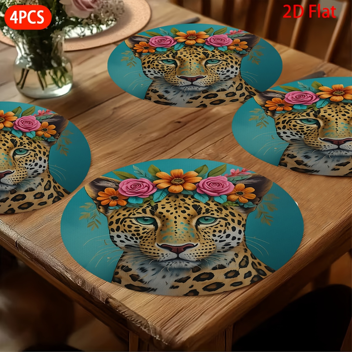TEMU Manteles individuales planos 2D, 4 piezas, tapetes de mesa redondos con de corona floral de leopardo, regalo para de San Valentín, Halloween,