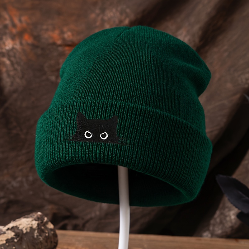 TEMU Trendy Fashion Black Cat Head Embroidery Beanie, Street Hip-hop Brimless Cap, Party Holiday Unisex Winter Warm Knit Hat, Men's Outdoor Riding