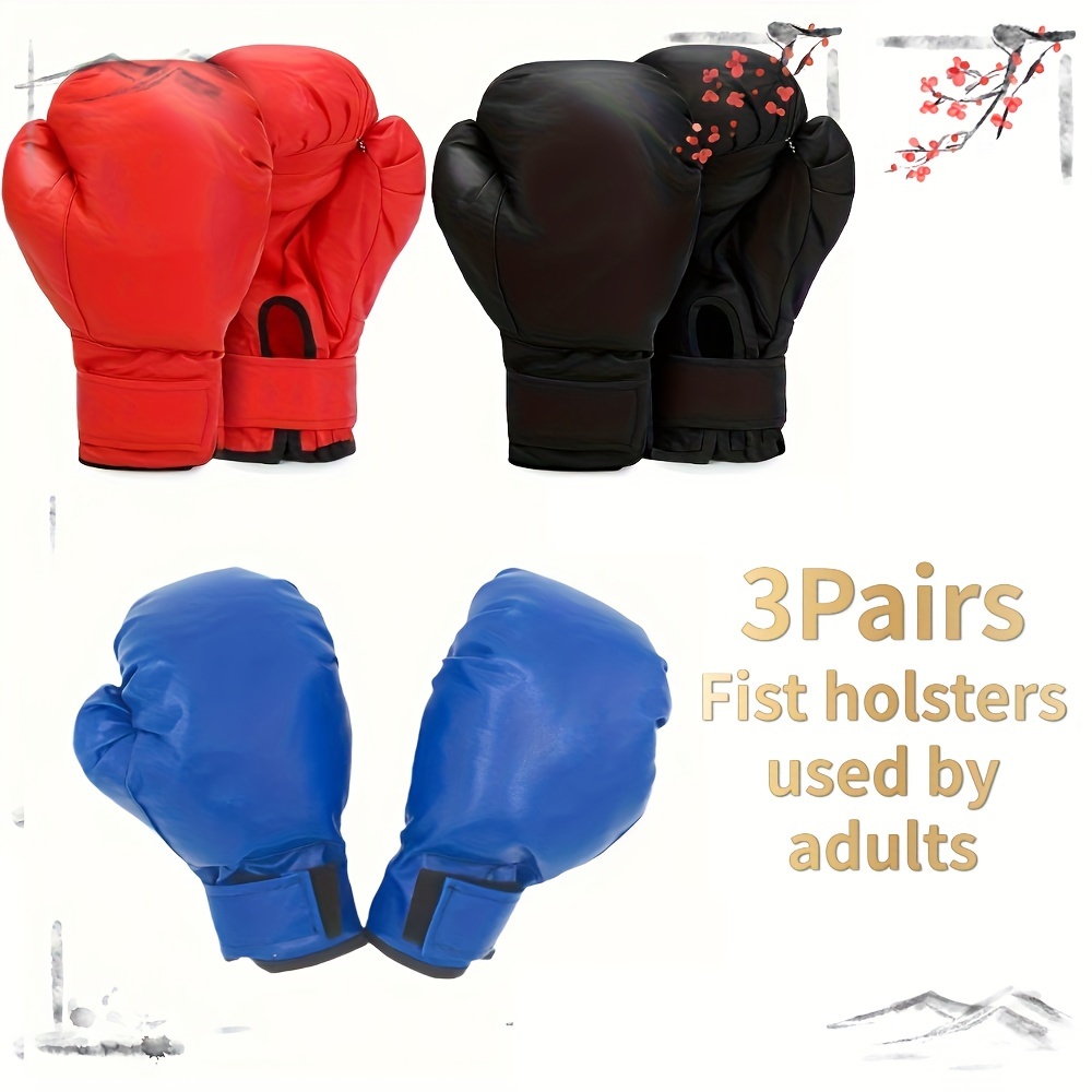 

3 Pairs Adult Boxing Gloves, Pu Leather Training Gloves For Mma, Muay Thai, Kickboxing, , Black, Red, Blue