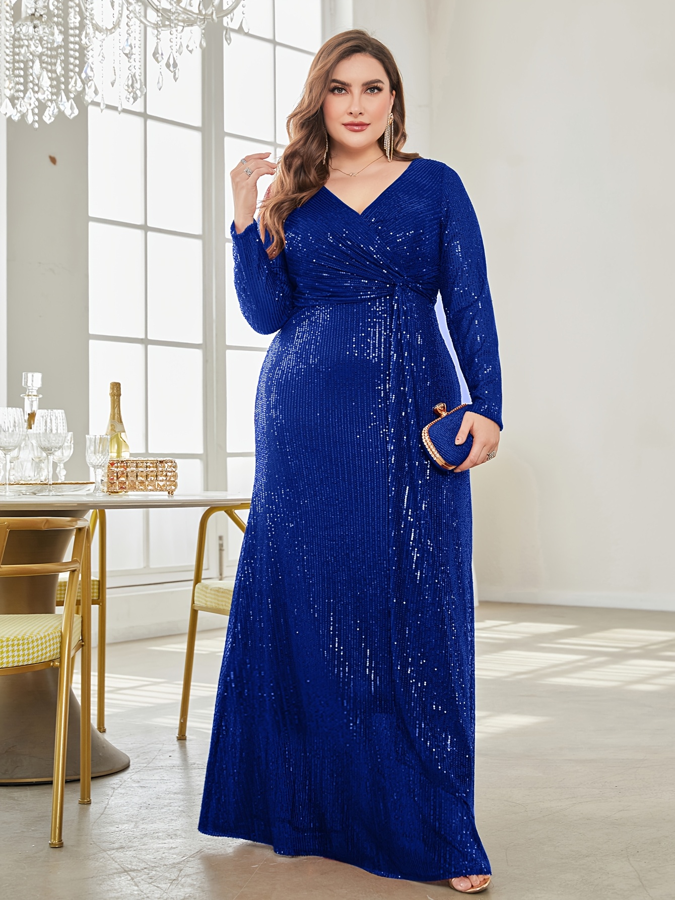Elegant Plus Size Long Evening Gown for Women V-Neck, Sequin Detail,  Sleeveless Maxi Dress with High-Low Hem Weddings Formal