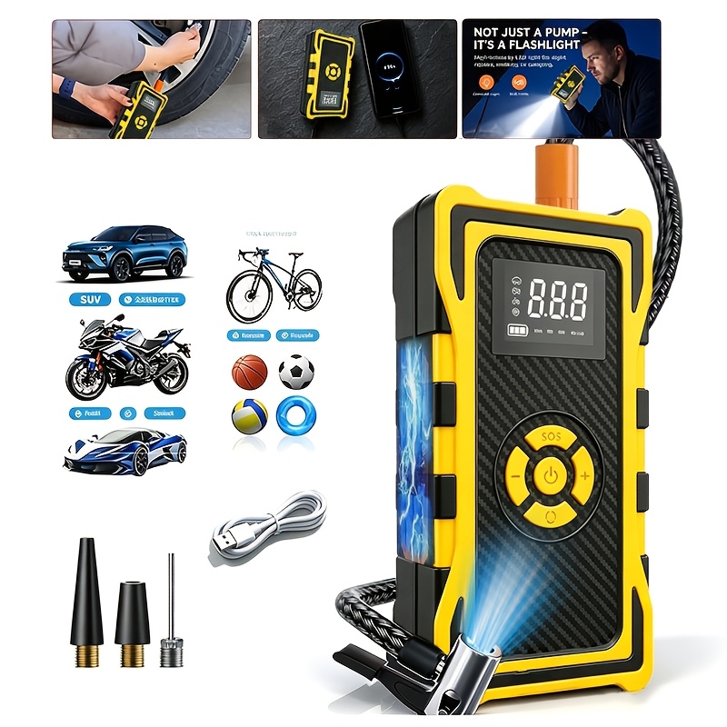 Portable Tire Inflator Air Compressor, 150 Psi Air Pump For Car Tires With Digital Gauge, Auto Shutoff, Led Light, 12v Rechargeable Battery For Motorcycles, Bikes, Balls, Inflatables