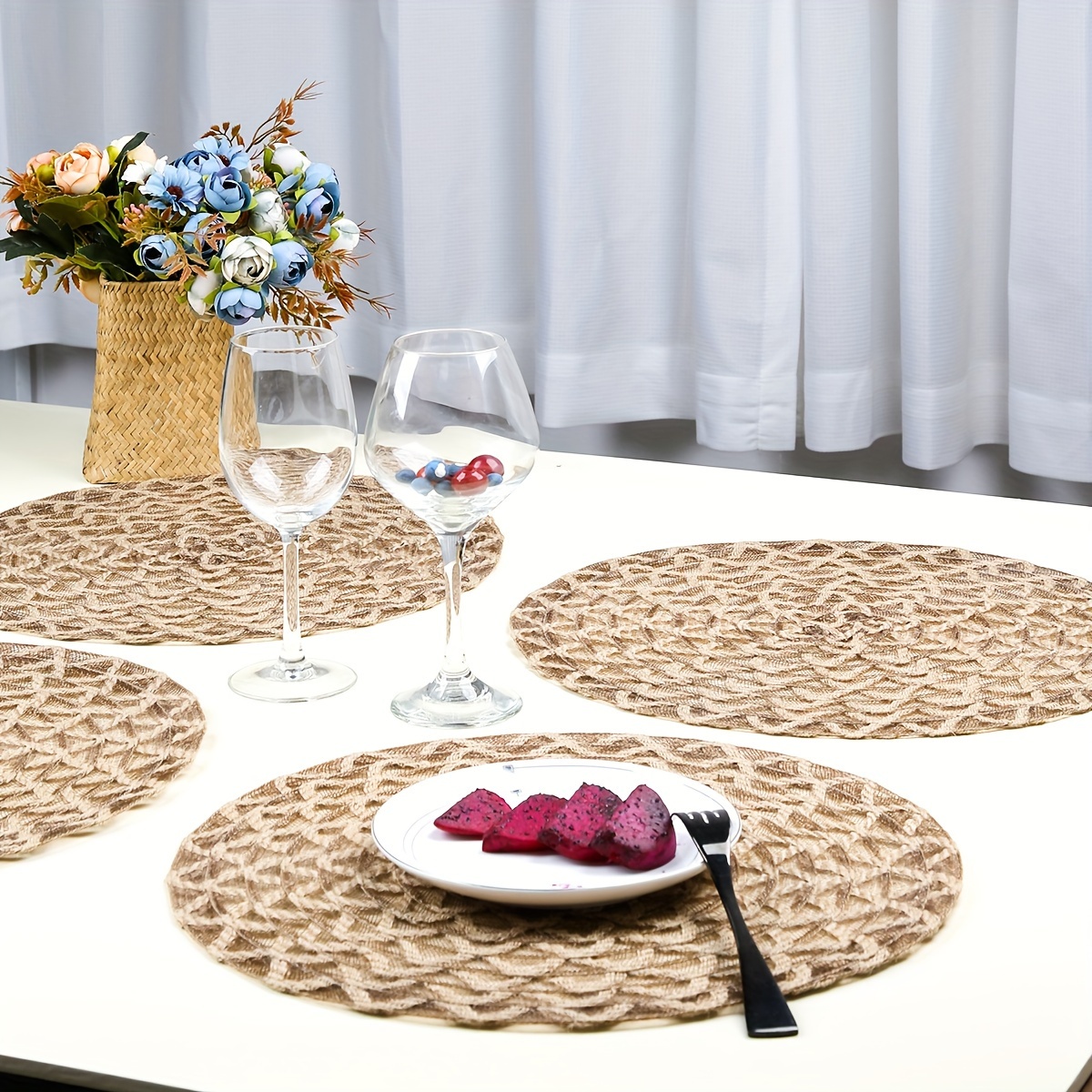 

4pcs Jute Round Placemats, Hand-woven Non-slip Coasters For Dining Table, Boho Braided Design, Nordic Style Table Mats For Restaurant, Wedding, Party & Christmas Decoration - Hand Wash Only