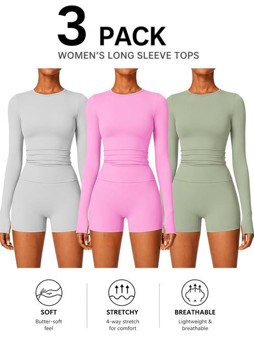 3pcs womens long sleeve workout tops crew neck athletic shirts fit tops for running pilates casual wear