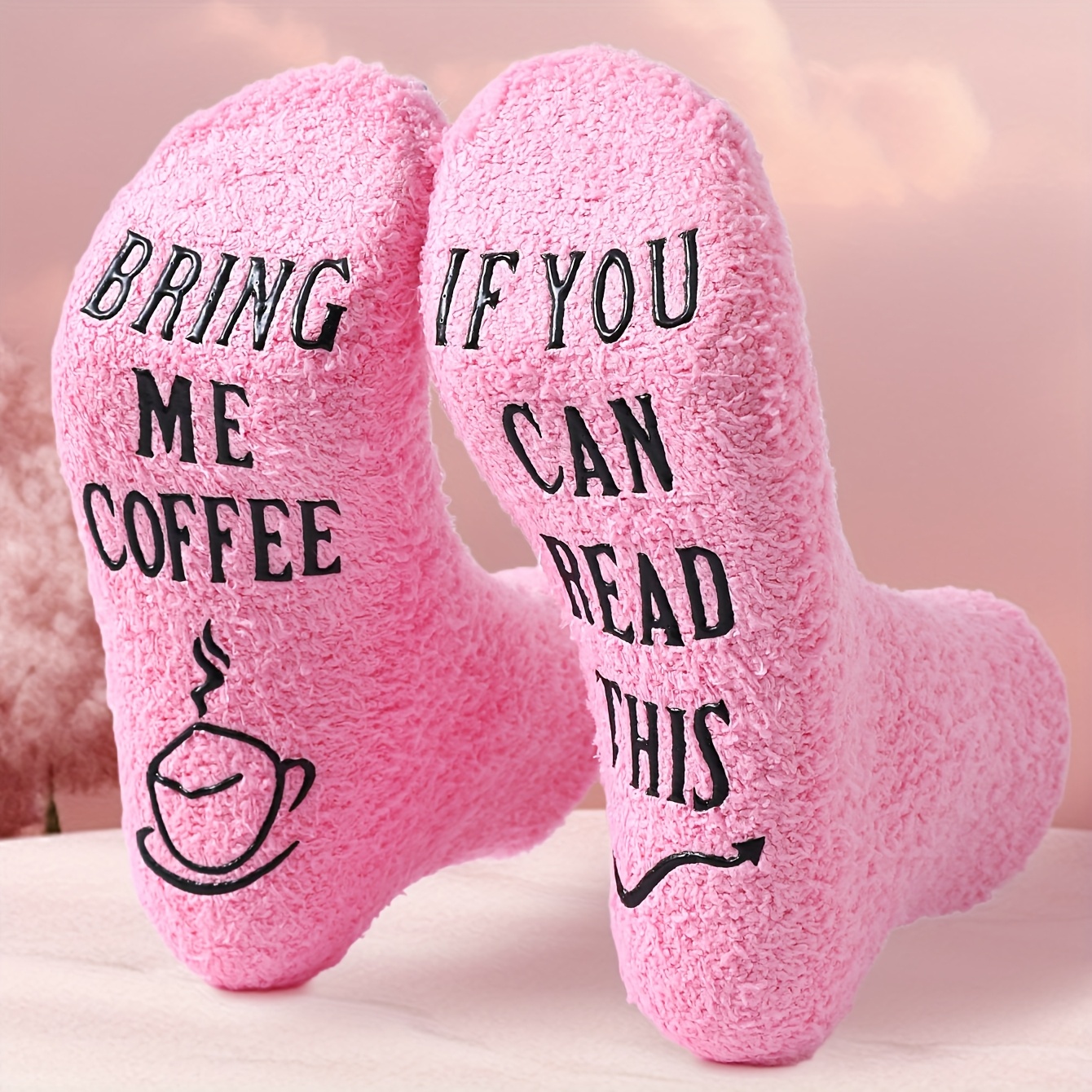 TEMU 1 Pair Unisex Fun Warm Floor Socks - " Read This, Coffee" Pink Mid-calf Socks, Thick Autumn/winter Sports Socks, Hand Washable - Sweet And Cute