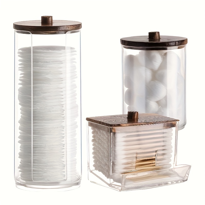 

3pcs Clear Bathroom Organizer Set With Brown Wood Lids - Perfect For Cotton Swabs, Balls, Rounds & Floss Picks Storage