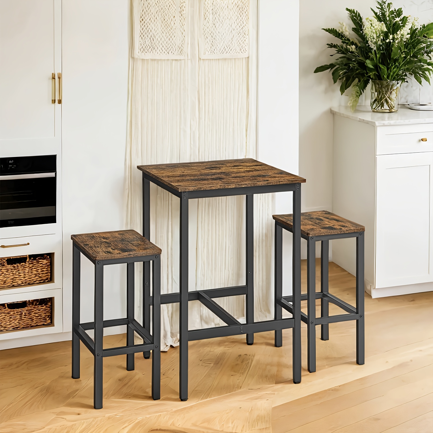TEMU Juego de Mesa de Barra y Taburetes, Mesa de Comedor , Cuadrada para Sala de Fiestas, Cocina, , Marrón y Negro