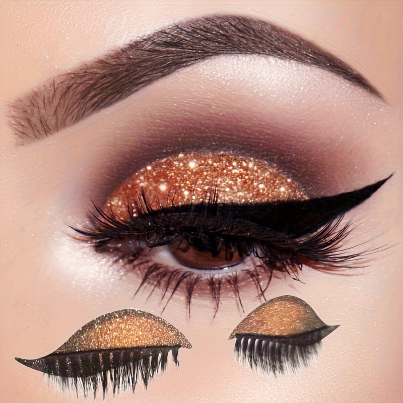 Drie-in-één Gouden Glitter Oogschaduw, Eyeliner, Wimper Patch Set | Geen Lijm, Geen Verwijdering, Inclusief Wimperborstel, Handig en Makkelijk mee te Nemen, Geschikt voor Carnaval, Dansfeest, Kerst