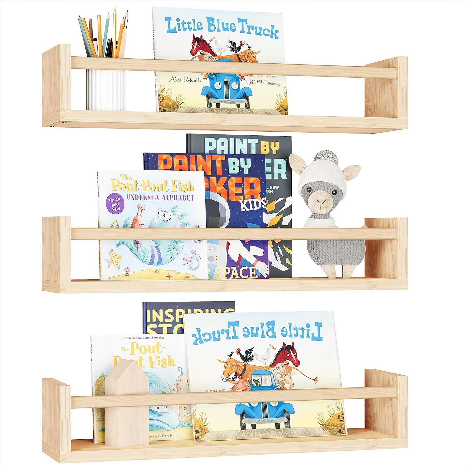 

3-pack Unfinished Wood Floating Shelves, Wall-mounted Storage Rack For Books, Toys, Home Decor - Hanging Shelves For Kitchen, Bedroom, Living Room, Office - Wooden Floating Shelf Set