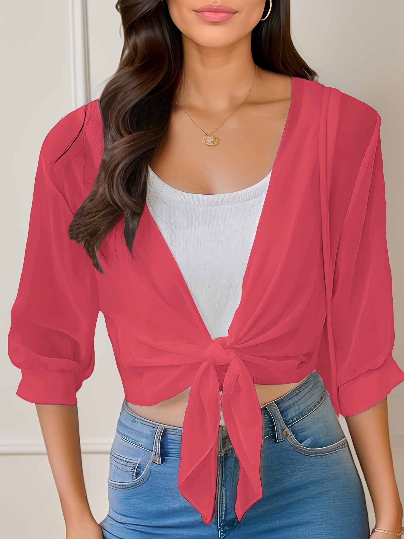 Women'S V-Neck Polyester Cardigan - Solid Color Half Sleeve Short Length with Lace-Up Detail, Non-Stretch Woven Fabric, Spring/Summer Lightweight Chiffon Sun-Protective Clothing