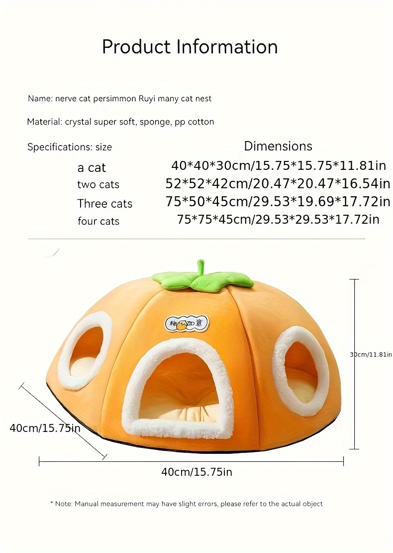 1pc cozy persimmon shaped cat bed with     warm thickened pet nest for cats non slip bottom soft plush material   with green leaves   multi cat families cute cat bed Product details 1