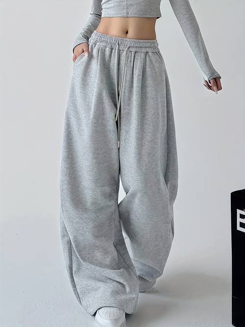 womens casual athletic long pants elastic drawstring waist high waist pocket loose easy wide leg joggers