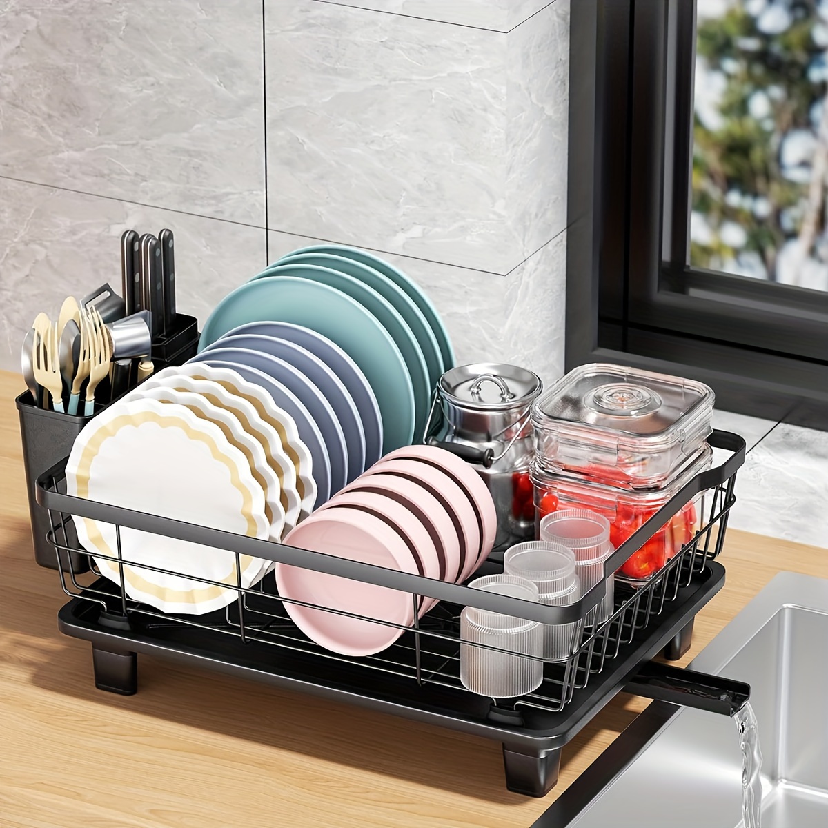 TEMU Dish Drying Rack - Dish Rack For Kitchen Counter, Large-capacity Dish Drainer With Cutlery Holder, Kitchen Organizer For Dishes, Spoons And Forks