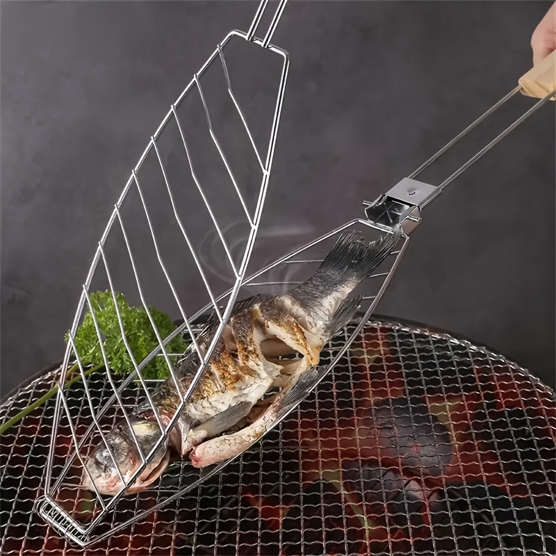 1pc wooden handle barbecue clip heavy duty fish and meat clip for kitchen and   straight grip design   cooking multi functional wooden handle fish clip vegetable clip fish grill net anti scalding barbecue tool barbecue Product details 4