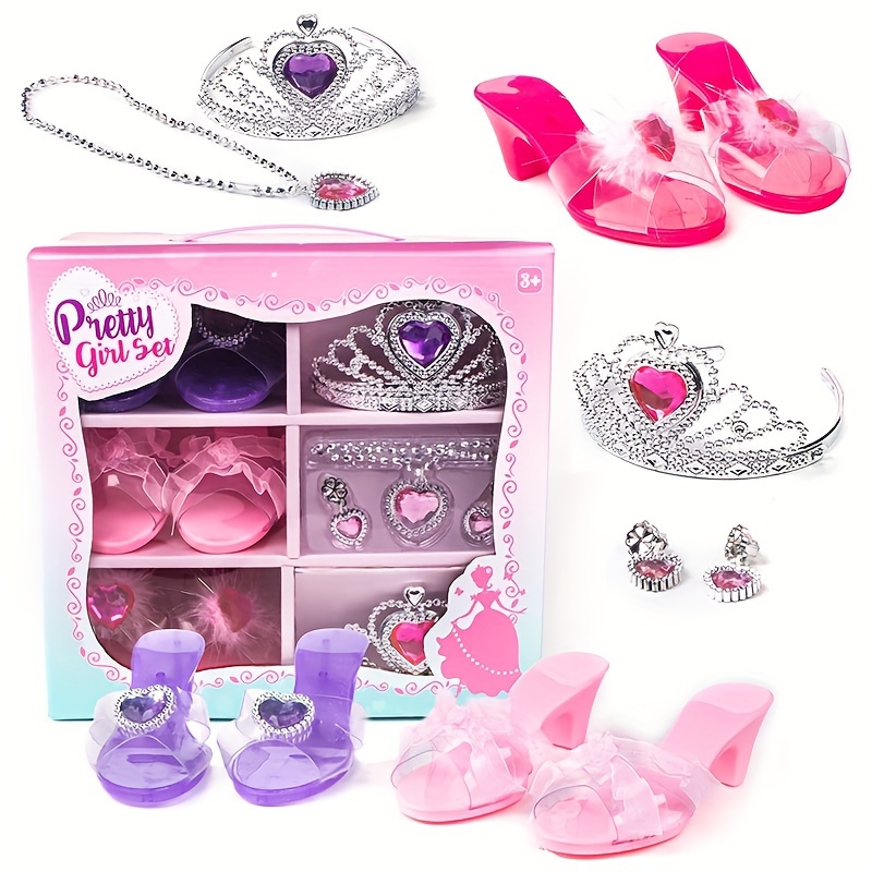 Zapatos de vestir de princesa para niñas, juego de tacones de princesa,  tiaras y joyas, regalos para niños pequeños para edades de 3, 4, 5, 6,  regalos de cumpleaños para niñas 