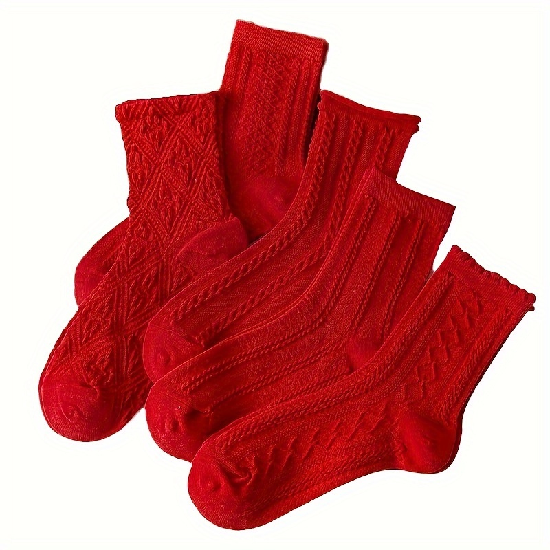

5 Pairs Of New Year Red Socks, Mid-calf Socks, Socks For Autumn And Winter, Couple Socks, Casual And Comfortable, Daily