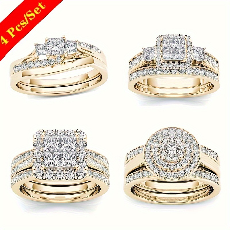 

4 Styles/set Of Fashionable Women's Exquisite Synthetic Zircon Electroplated Golden Rings, Perfect Gift Jewelry For Engagement And Wedding Anniversary Commemoration